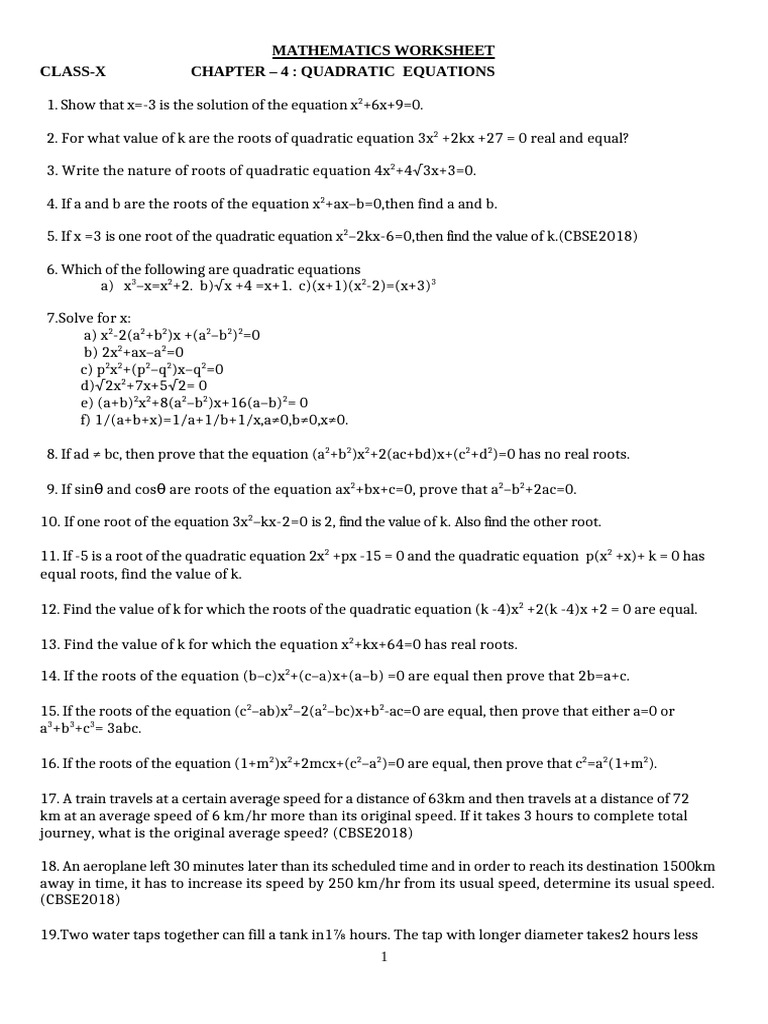 Quadratic Equations Worksheet for Class X | PDF | Mathematics ...
