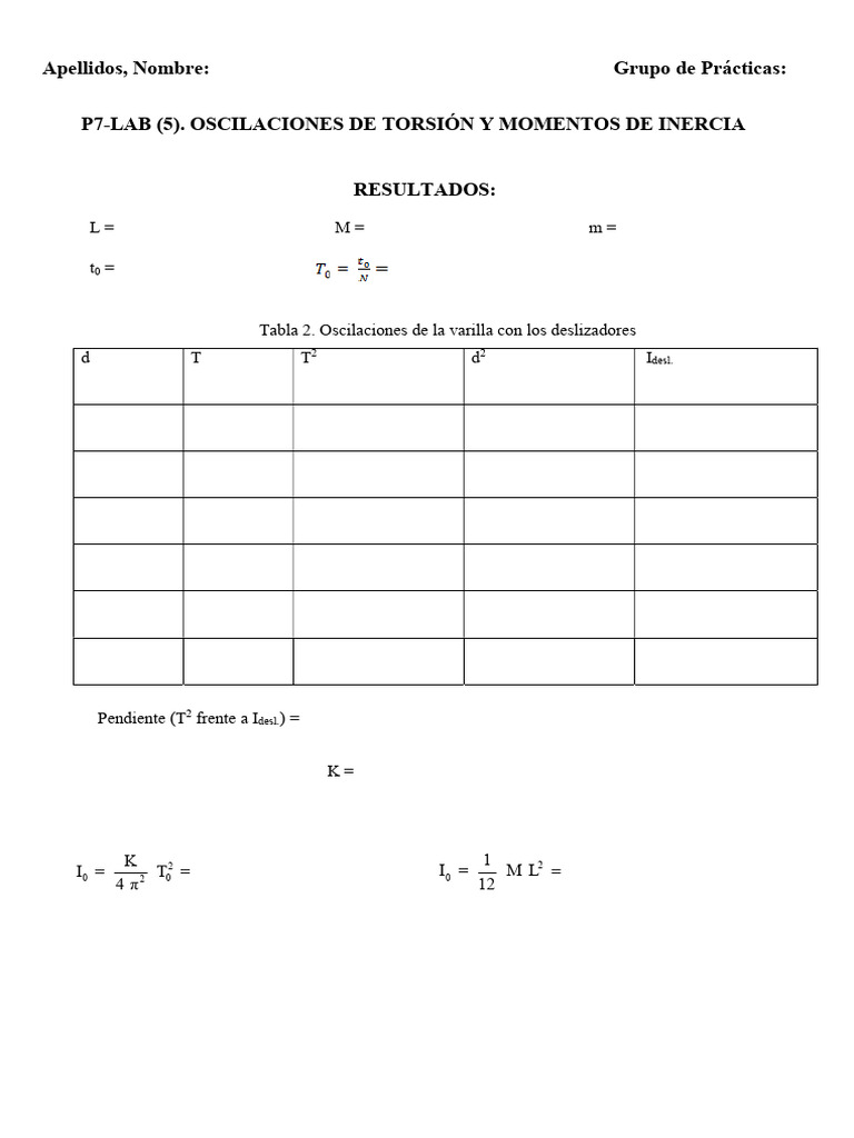 RESULTADOS P7-LAB (5) - Oscilaciones de Torsión y Momentos de Inercia | PDF