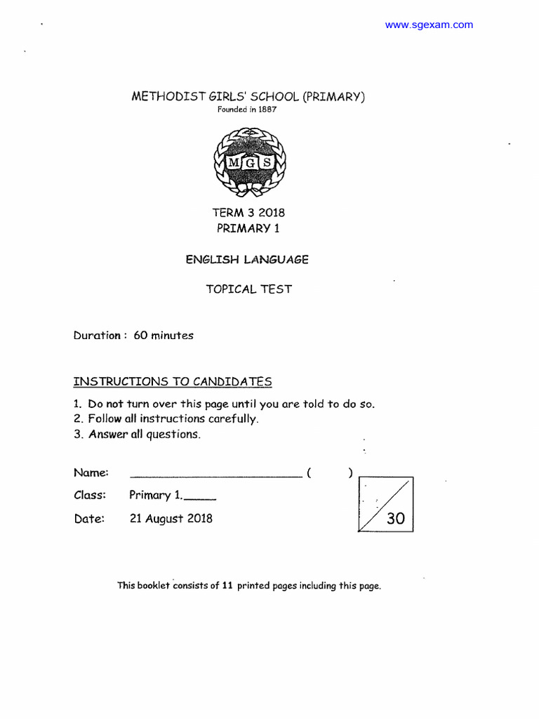 2018 P1 English Test2 MGS | PDF