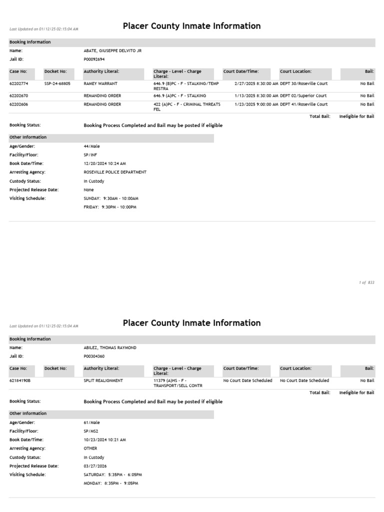 Placer County Inmate Booking Details | PDF | Arrest | Bail