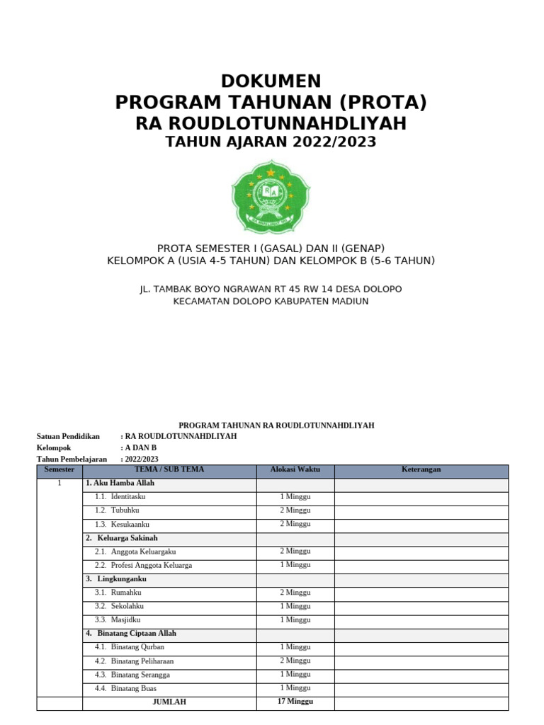 Program Tahunan RA Roudlotunnahdliyah | PDF