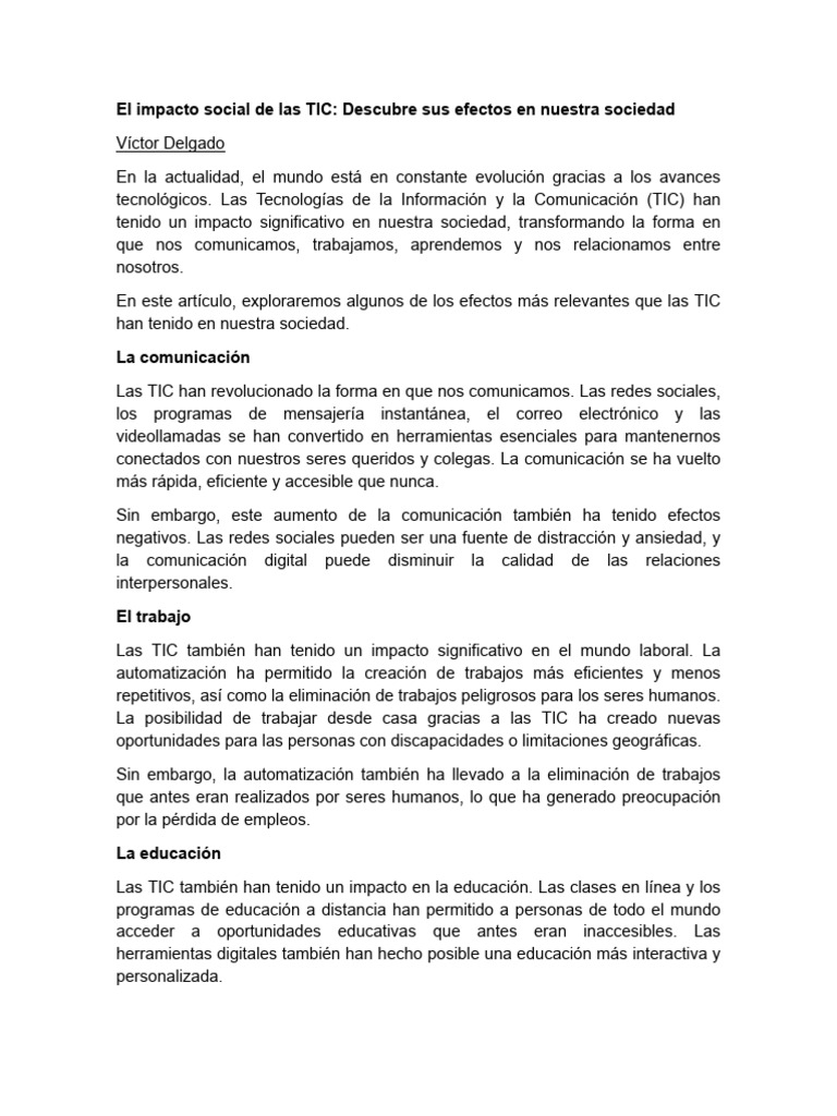 Impacto social de las TIC en la sociedad | PDF | Tecnología de ...