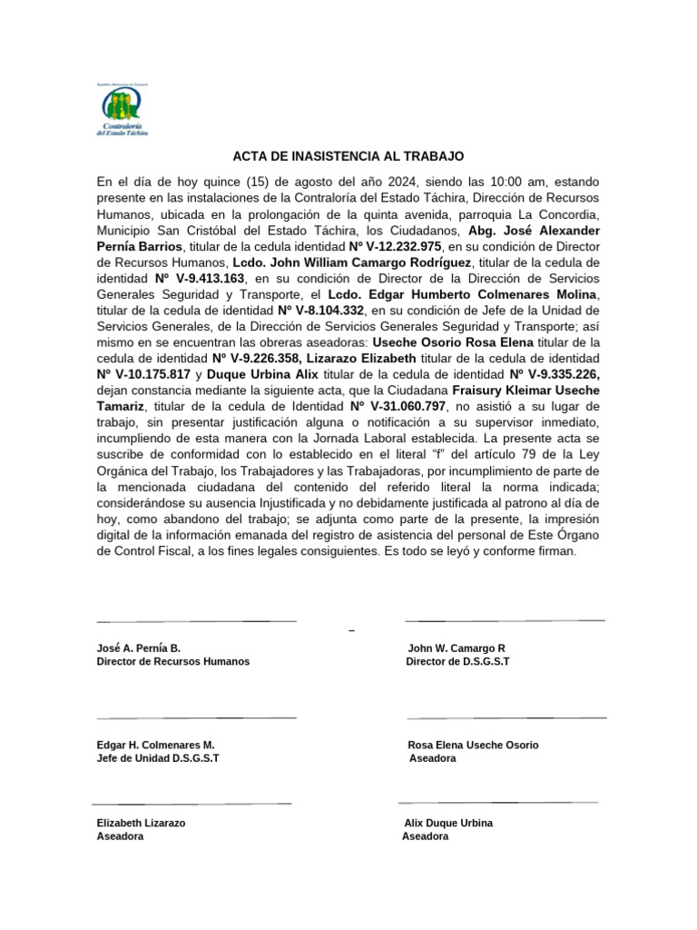 Acta de Inasistencia Laboral | PDF