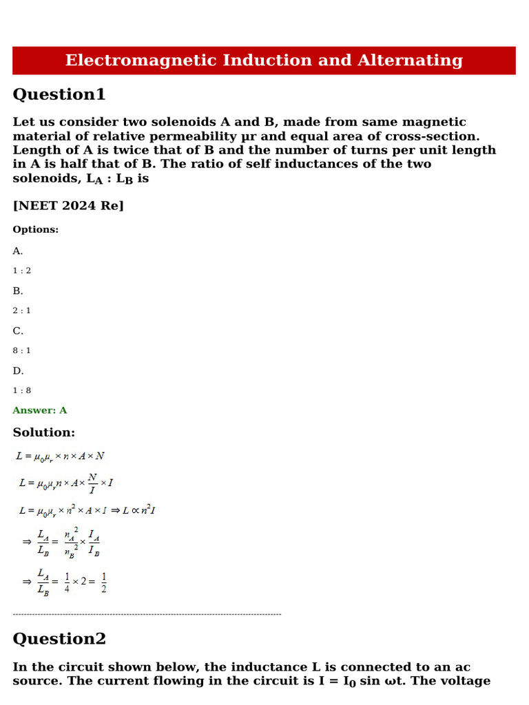 Electromagnetic Induction and Alternating Current Pyqs Neet | PDF ...