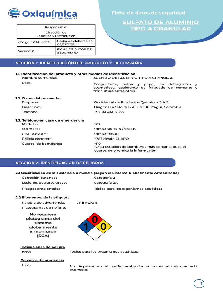 Ficha de Seguridad: Sulfato de Aluminio | PDF | Agua | Administración ...