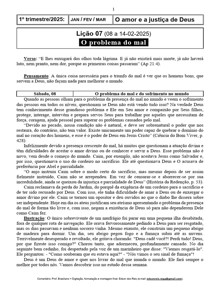 Com Licao Facil 07 o Problema Do Mal Escola Sabatina | PDF | Deus | Amor