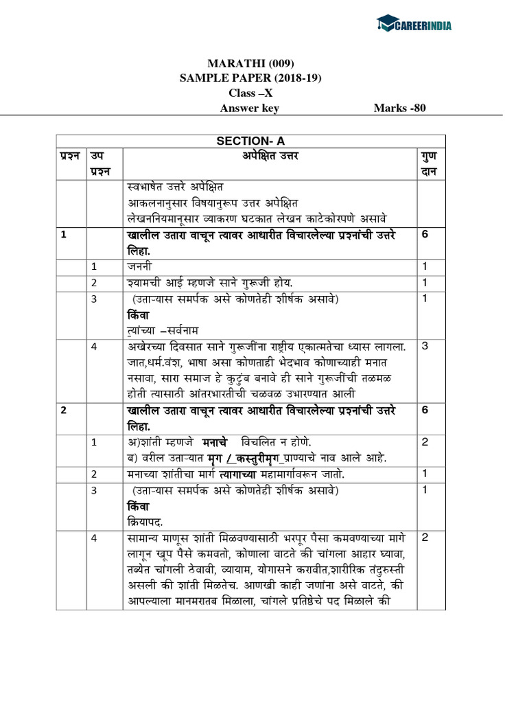 CBSE Class 10 Marathi Marking Scheme Question Paper 2018-19 | PDF