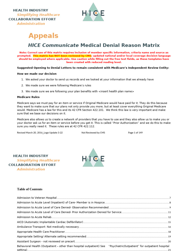 Medicare Denial Reason Matrix Guide | PDF | Medicare (United States ...