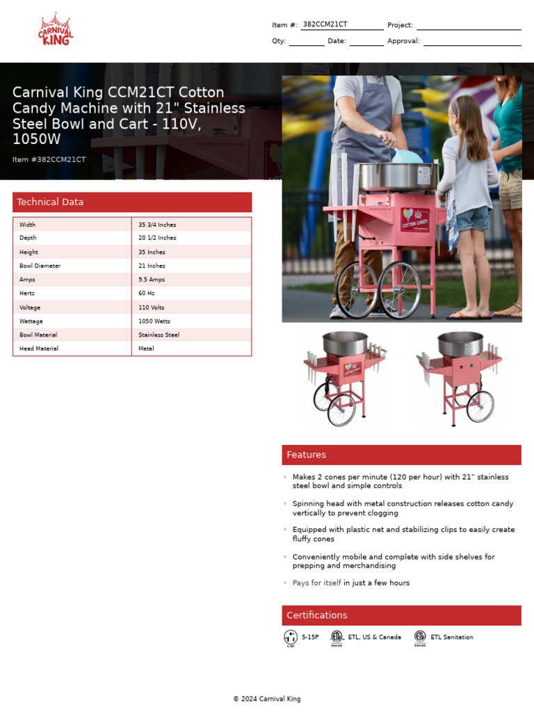 Carnival King Cotton Candy Machine Specs | PDF | Electrical Engineering ...
