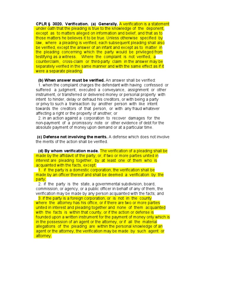 New York CPLR § 3020: Verification Rules | PDF | Pleading | Lawyer