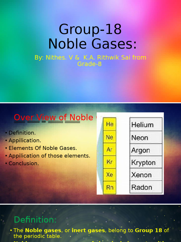 Overview of Group 18 Noble Gases | PDF | Helium | Chemistry