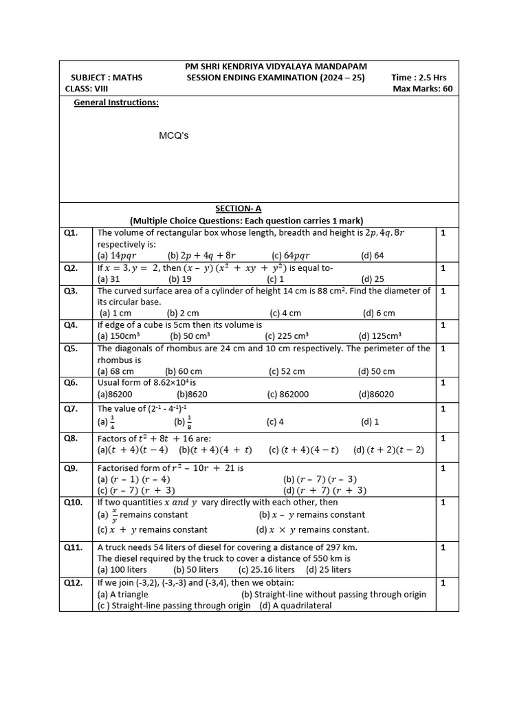 Class 8 Maths Exam Paper 2024 | PDF | Area | Euclidean Geometry