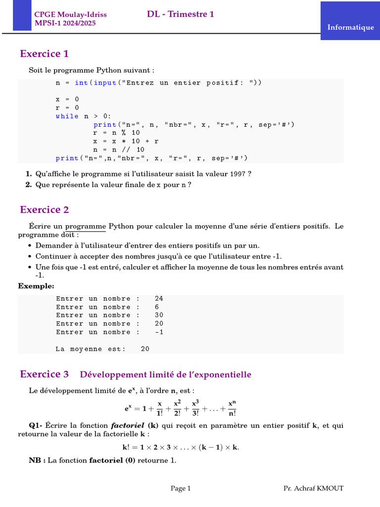 Exercices Python en CPGE MPSI 2024/2025 | PDF | Décimal | Notation ...