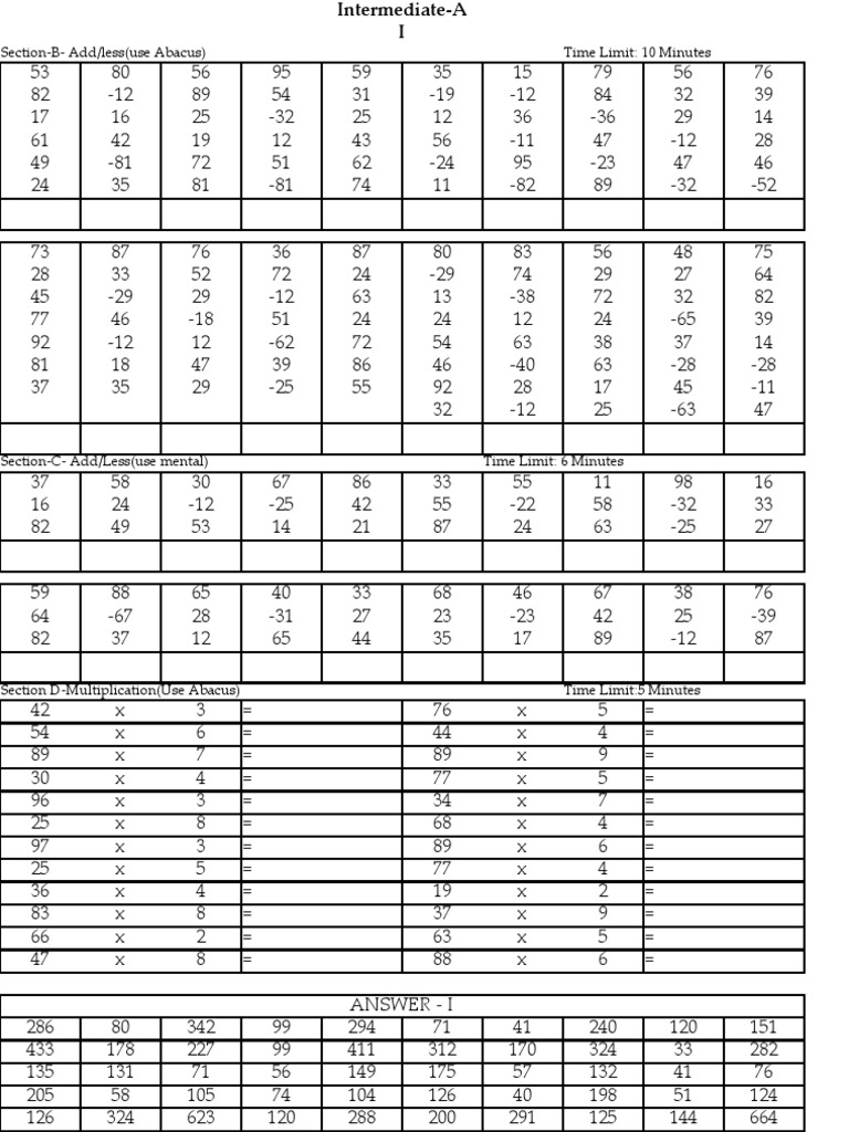 UCMAS Intermediate-A Abacus Practice | PDF | Leisure | Teaching Mathematics
