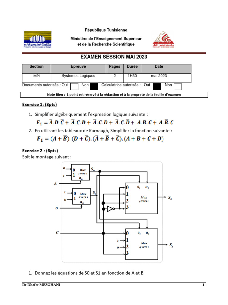Examen Systèmes Logiques Mai 2023 | PDF | Fonction logique | Algèbre de ...