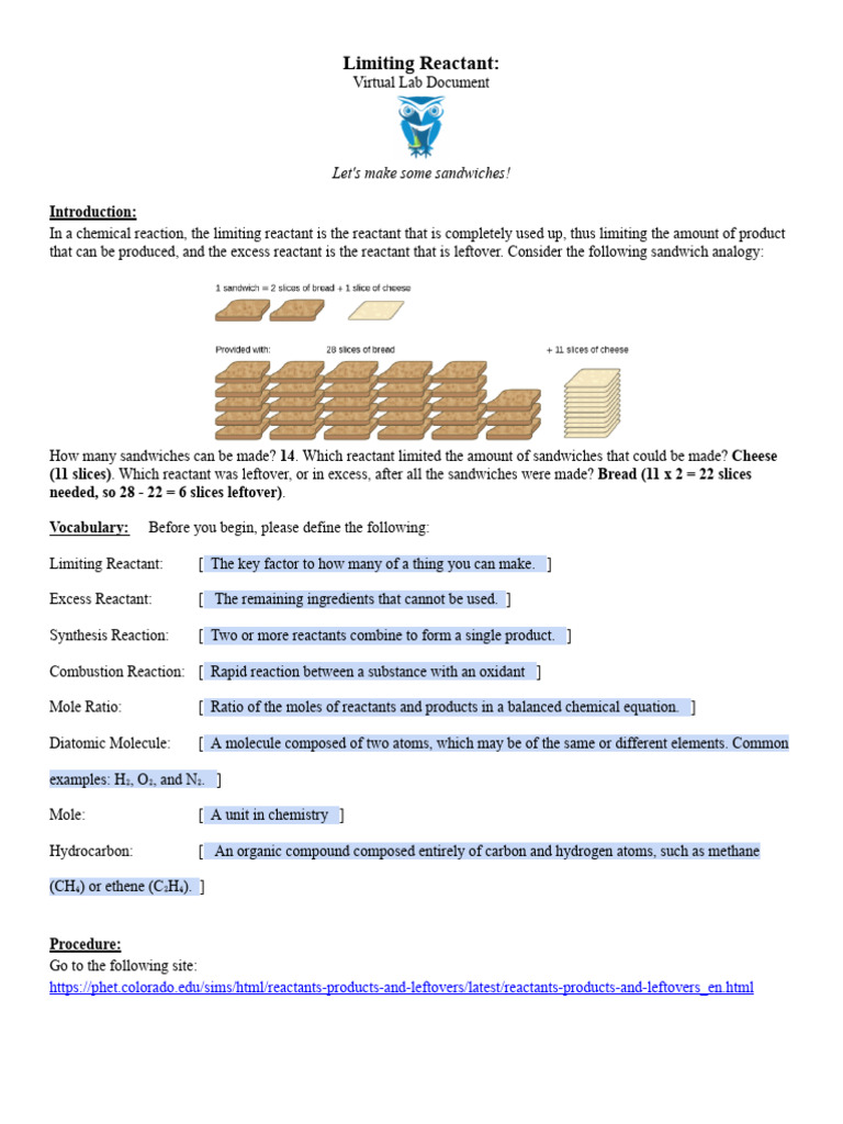 Limiting Reactant Virtual Lab | PDF | Chemical Reactions | Chemical ...