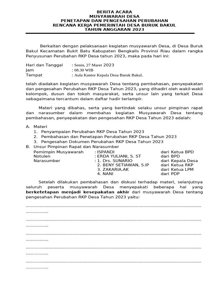 Berita Acara Perubahan RKP Desa 2023 | PDF