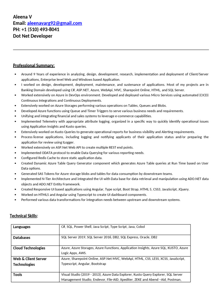 Senior Dot Net Developer Resume | PDF | Microsoft Sql Server | Databases