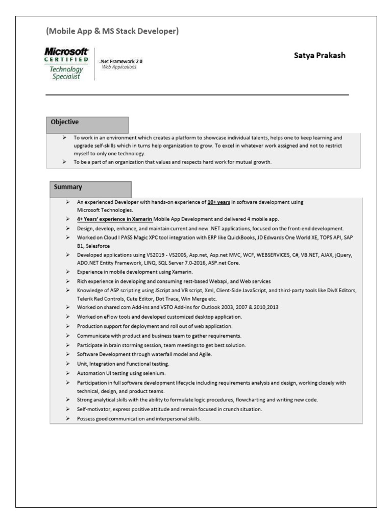 Mobile App & MS Stack Developer Resume | PDF | Microsoft Sql Server ...