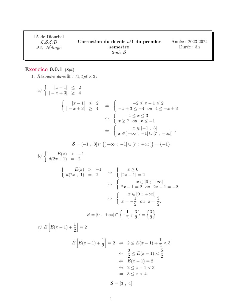 Correction Devoir 1 - Mathématiques 2nde S | PDF