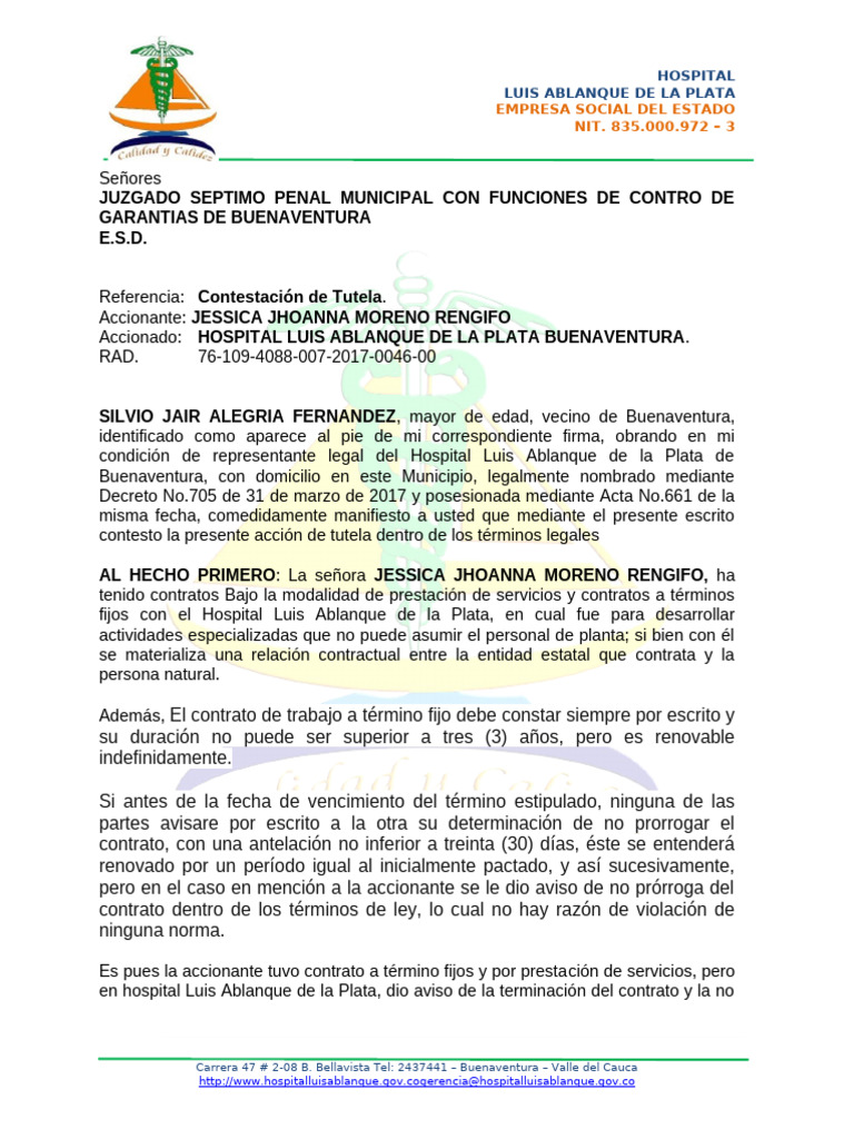 Contestación de Tutela Hospital Buenaventura | PDF | Derecho laboral ...
