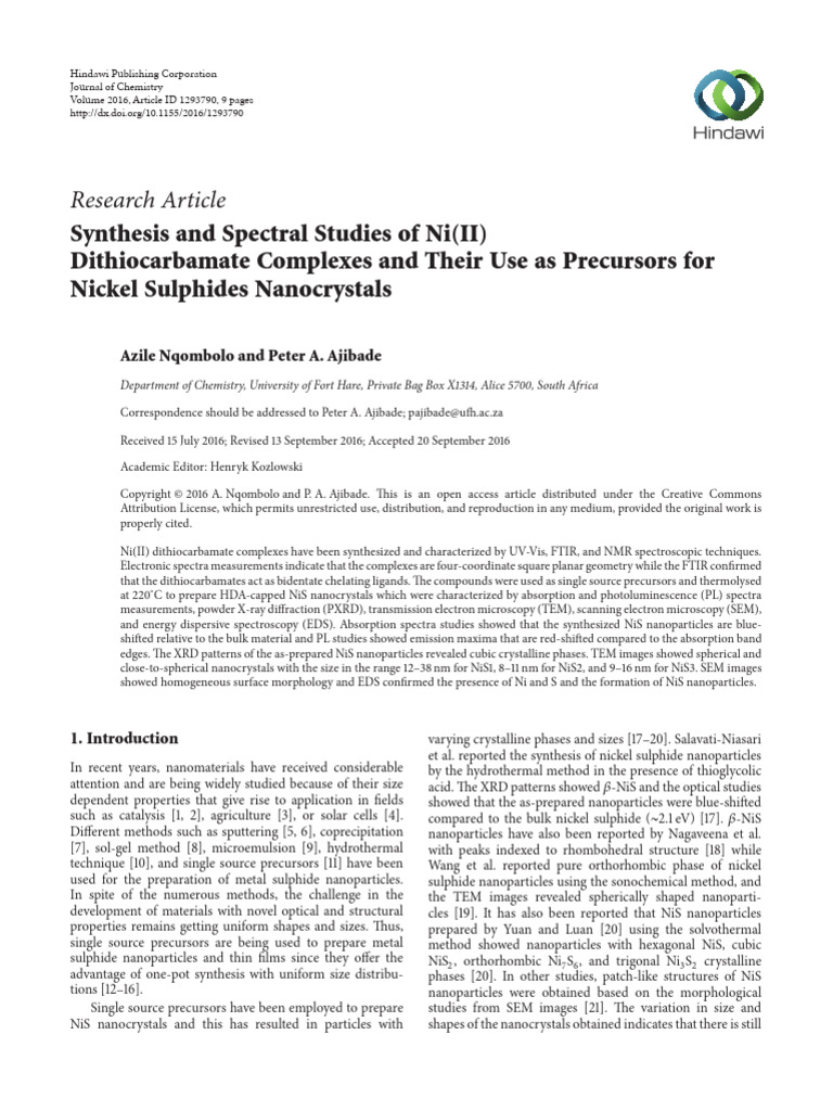 Synthesis and Spectral Studies of NiII Dithiocarba | PDF | Nanoparticle ...
