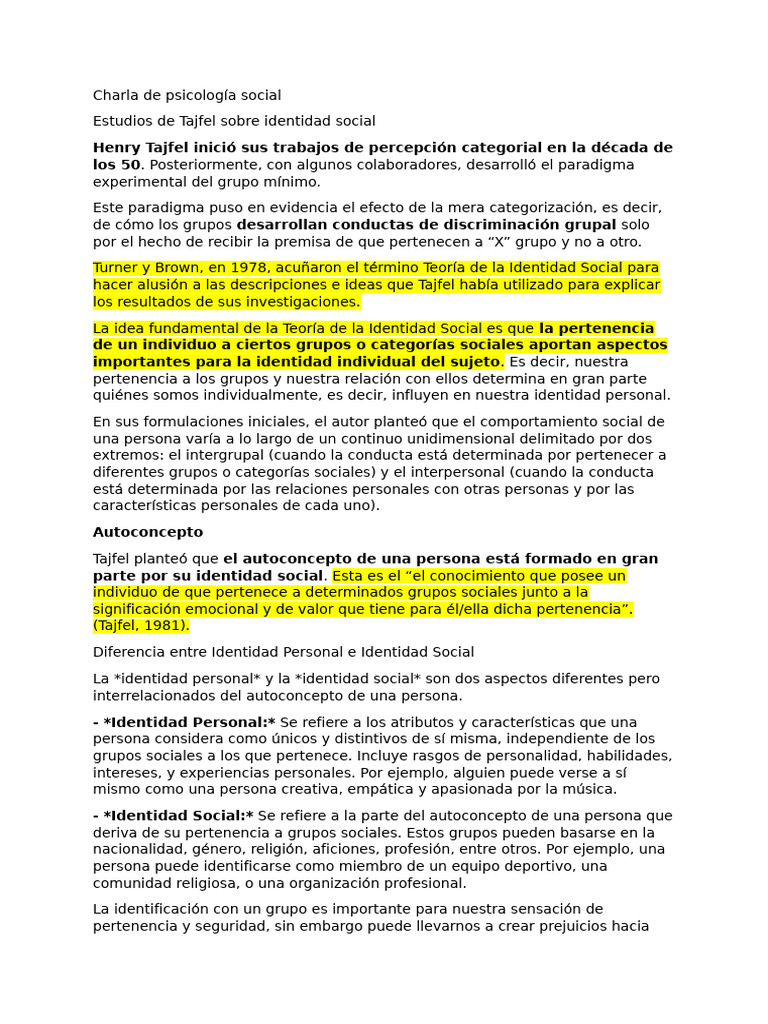 Teoría de la Identidad Social de Tajfel | PDF | Grupo social | Sicología