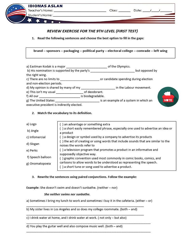 Ninth Level - First Test - Review Exercise | PDF | Linguistics | Grammar