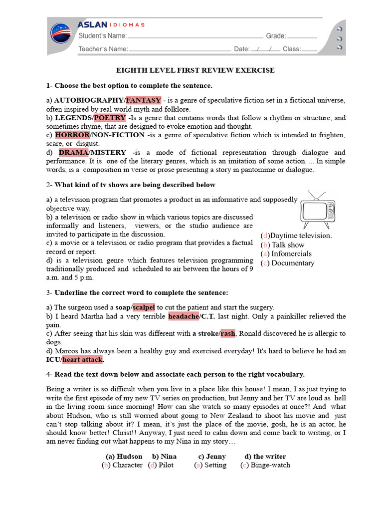 Answers - Eight Level - First Test Review Activity | PDF | Genre