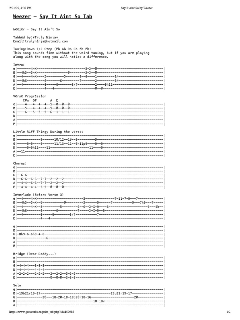 Say It Ain't So Guitar Tab PDF Song Recordings Produced