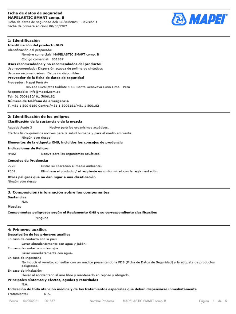 Ficha de Seguridad MAPELASTIC SMART B | PDF | Residuos | Agua