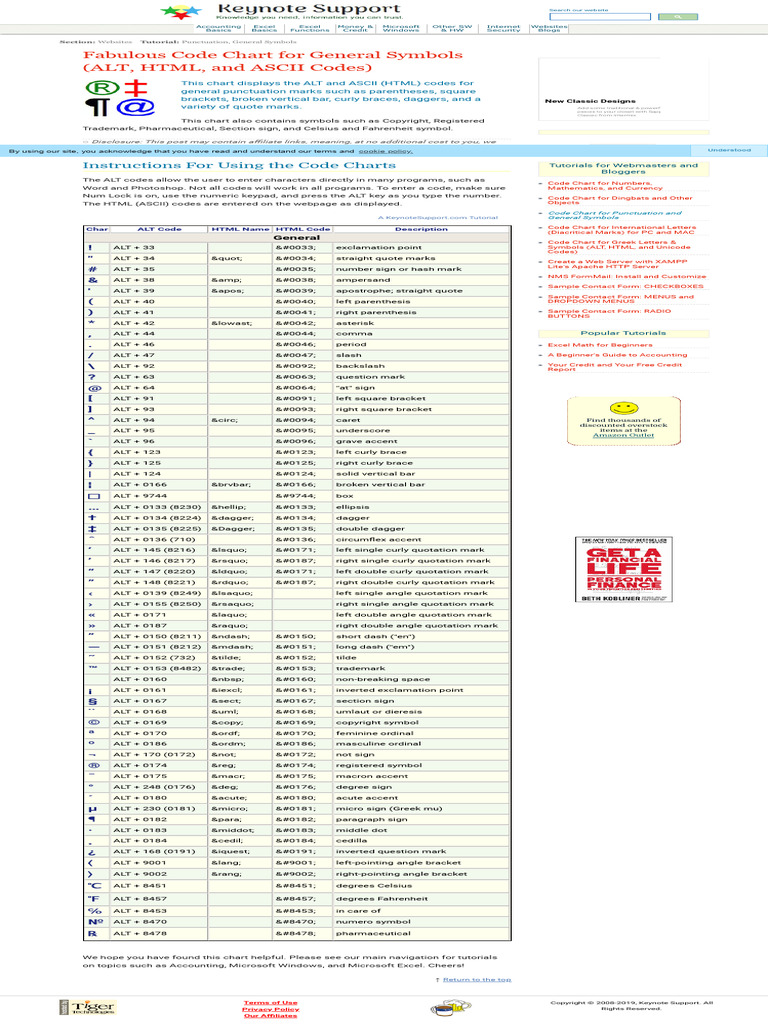 Fabulous Code Chart (ALT, HTML) - General Symbols | PDF | Ellipsis ...