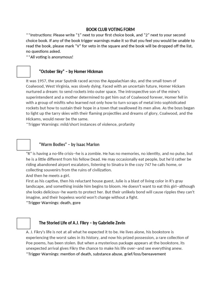 BOOK CLUB #3 VOTING FORM With Multiple Options | PDF