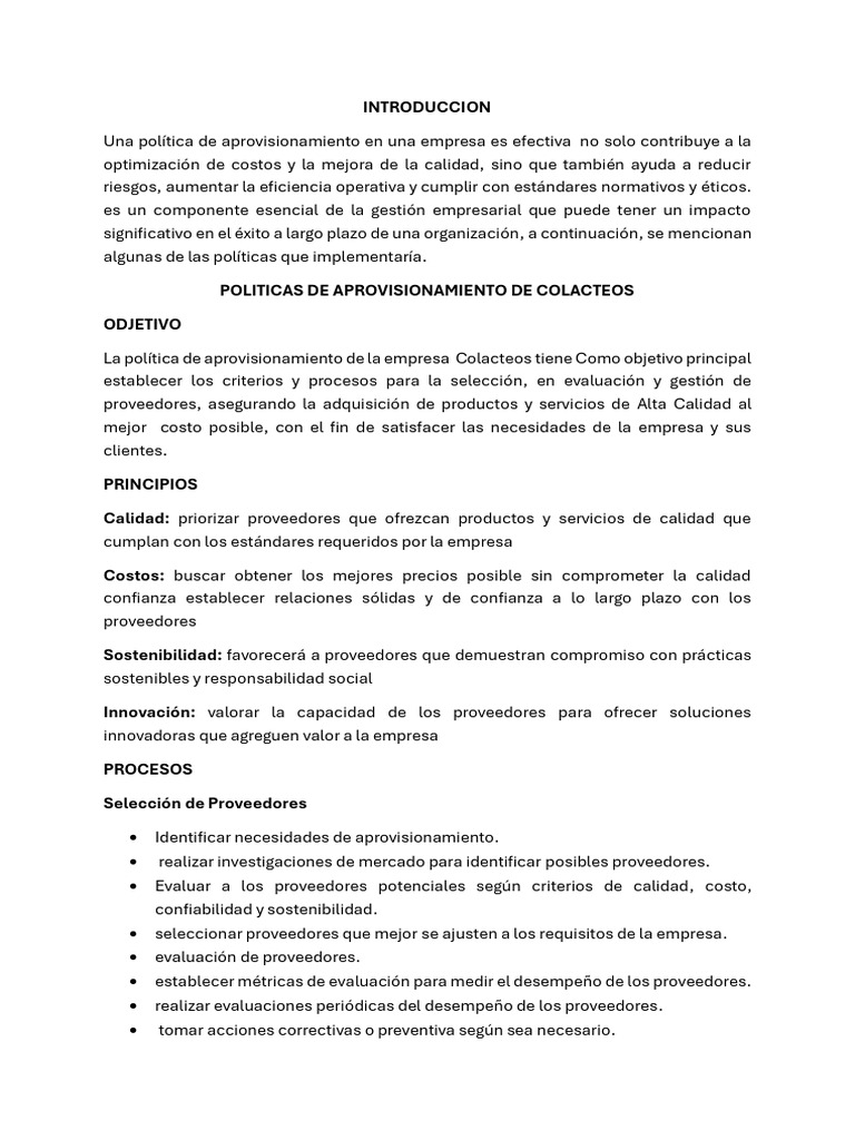 Políticas de Aprovisionamiento en Colacteos | PDF | Calidad (comercial ...