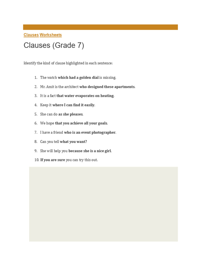 Grade 7 Clause Identification Worksheet | PDF