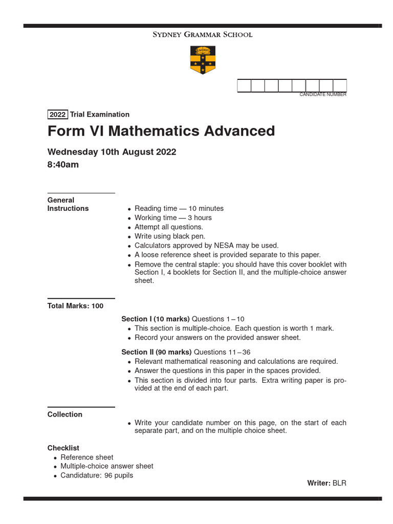 2022 Advanced Mathematics Trial Exam | PDF | Multiple Choice | Physics
