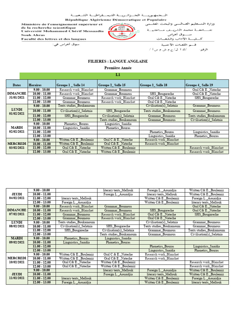 English Language Course Schedule | PDF