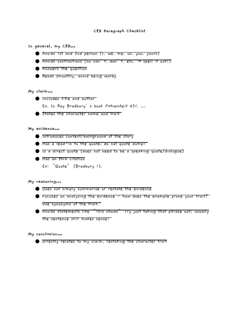 CER Paragraph Writing Checklist | PDF