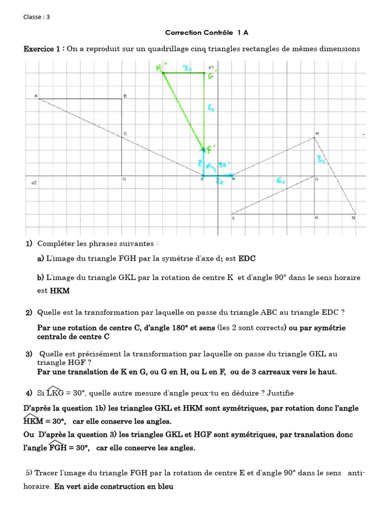 Exercices de transformations géométriques 3e | PDF | Triangle | Angle