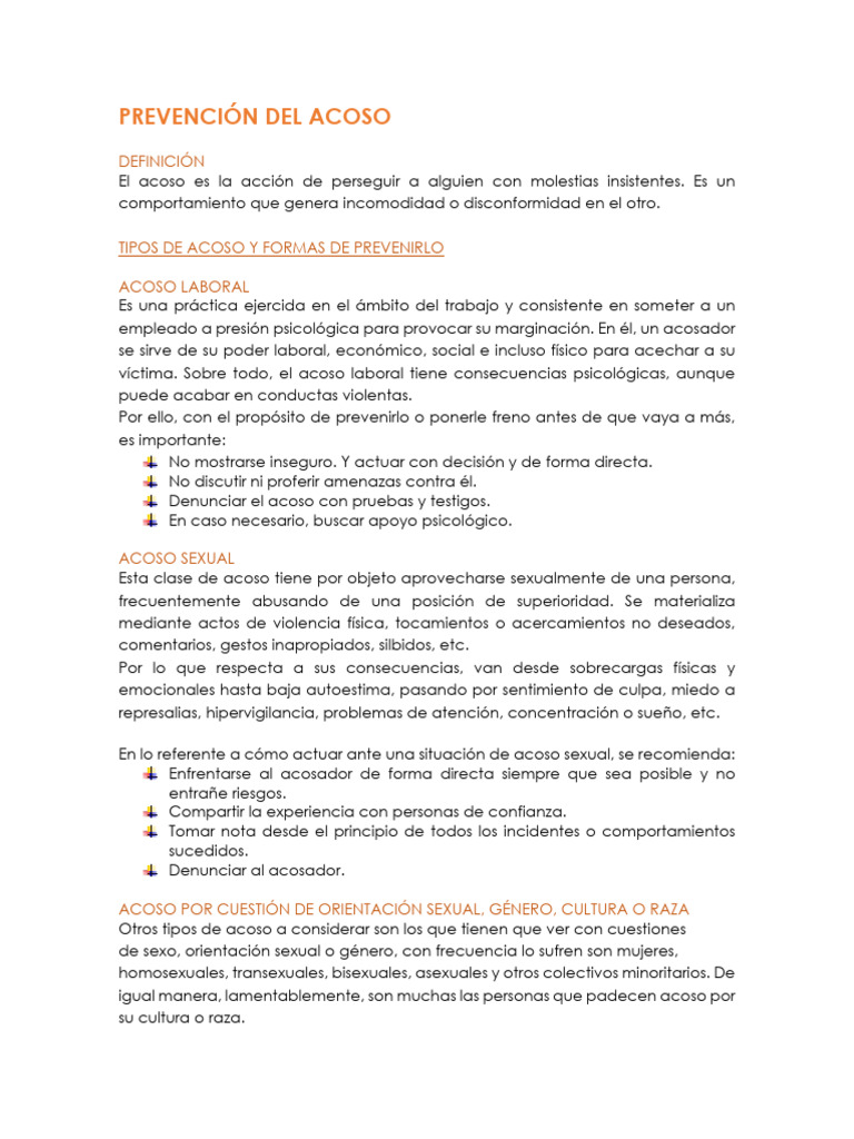 Prevención del Acoso: Tipos y Consejos | PDF | Acoso sexual | Intimidación