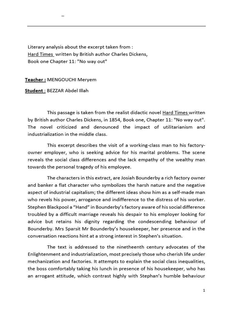 Hard Times Excerpt Analyse Home Work Bezzar Abdelillah | PDF | Narration