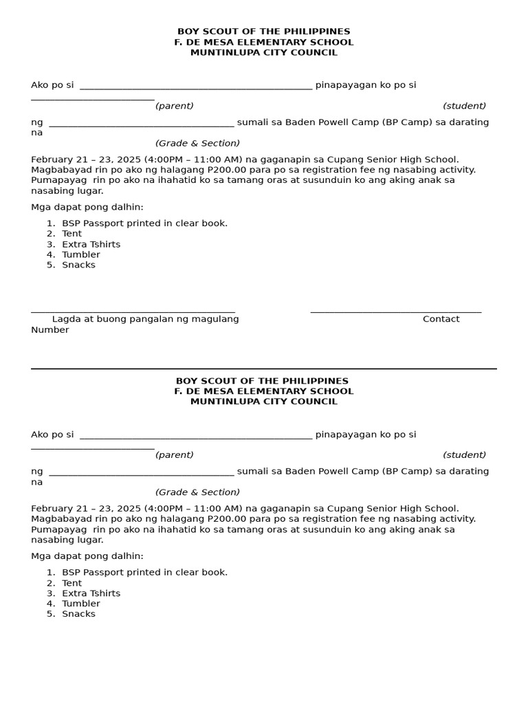 BP Camp Parent Consent | PDF