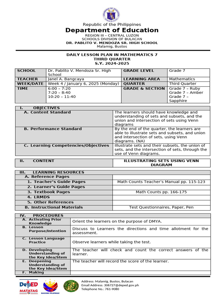 Daily Math Lesson Plan for Grade 7 | PDF | Learning | Teachers