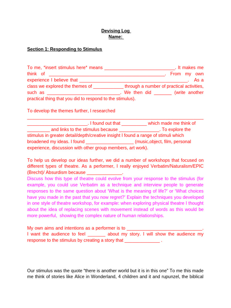 Devising Log - Section 1 Responding To A Stimulus | PDF