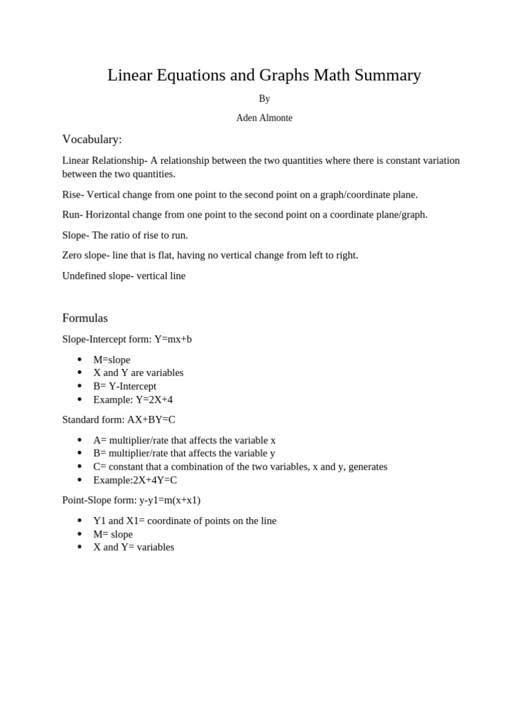 Linear Equations and Graphs Math Summary | PDF