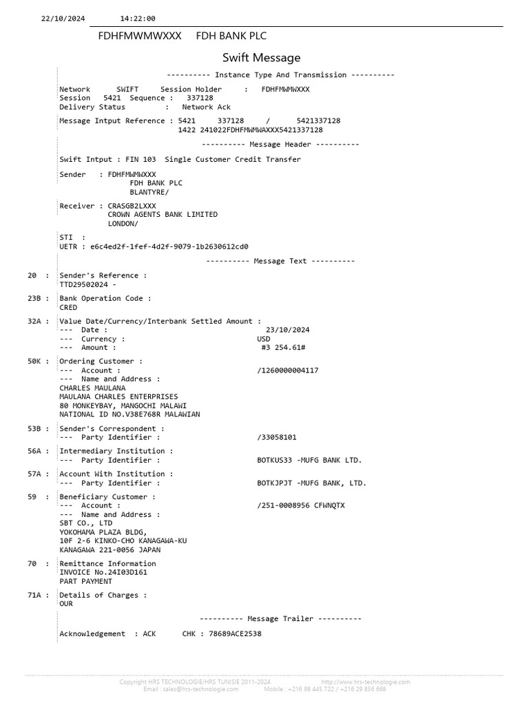 Swift Message: FDHFMWMWXXX FDH Bank PLC | PDF | Transmission Control ...