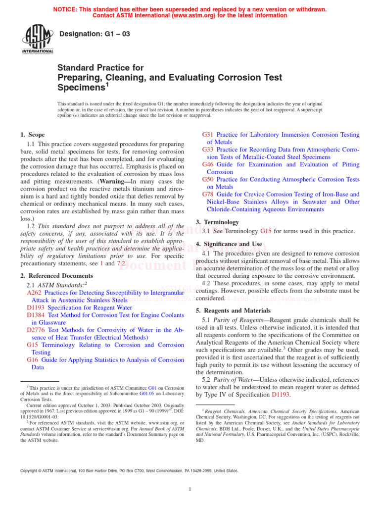 ASTM G1-03 Corrosion Test Specimens | PDF | Corrosion | Metals