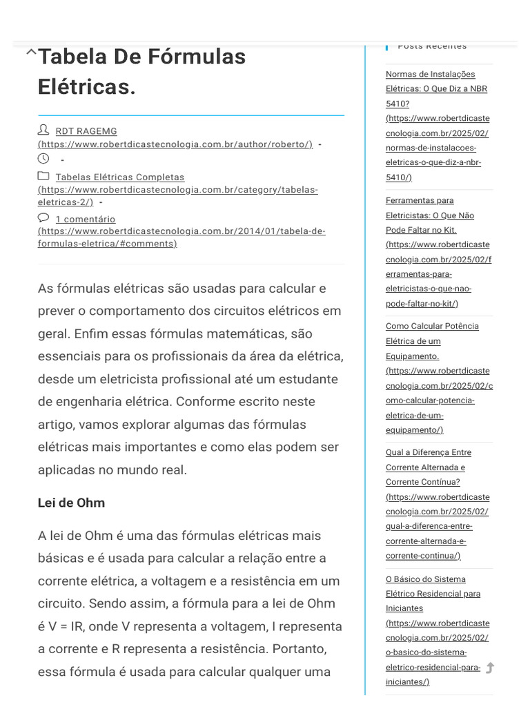 Tabela de Fórmulas Elétricas | PDF | Rede elétrica | Eletricidade