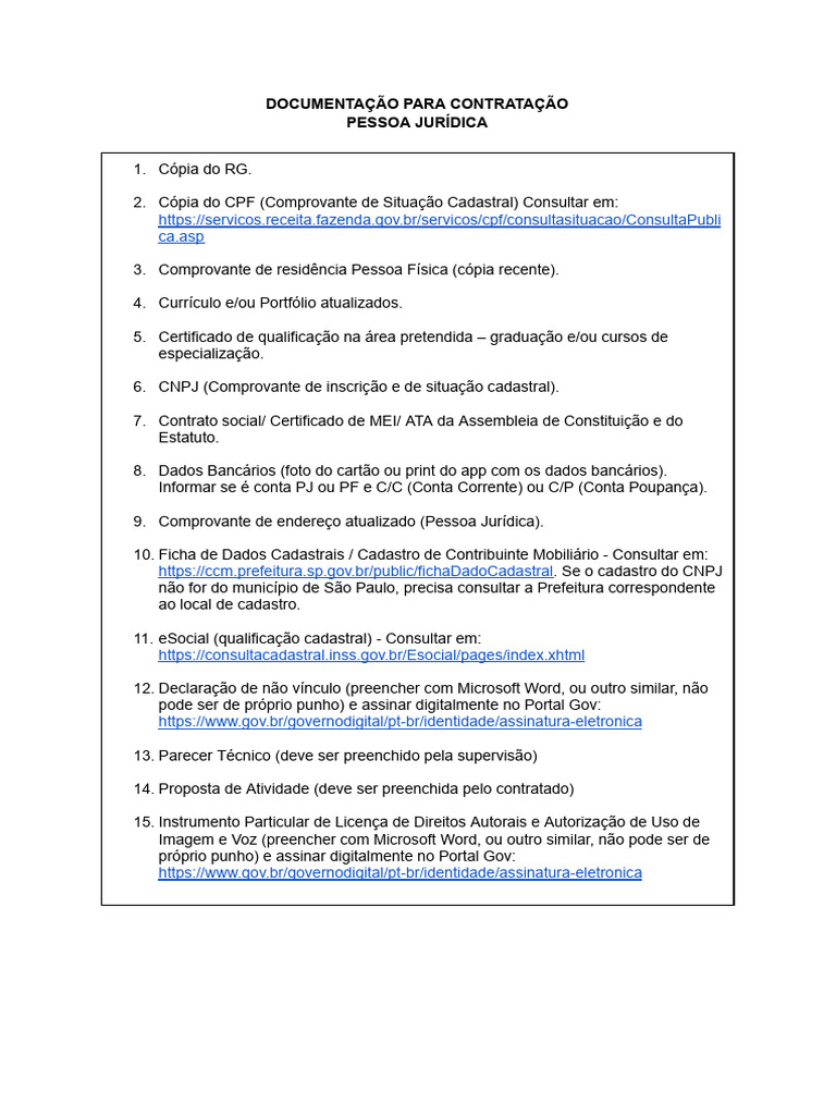 Documentação Necessária para Contratação PJ | PDF
