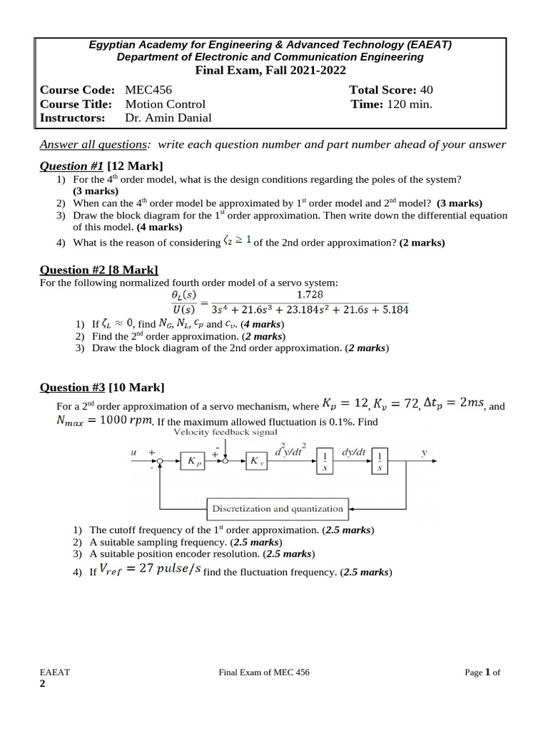 MEC456 Motion Control Final Exam 2021 | PDF | Acceleration | Physics